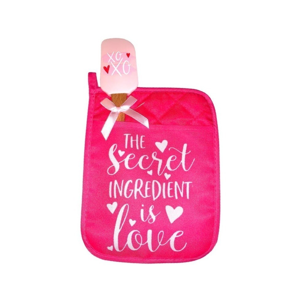 Pink Valentine's Day Oven Mitt and Spatula Bundle Secret ingredient is Love